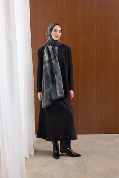 Viskon Mayda Şal Mavi-Antrasit Dalga Desenli Yumuşak Dokulu 190x70