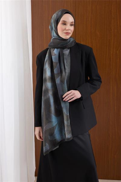 Viskon Mayda Şal Mavi-Antrasit Dalga Desenli Yumuşak Dokulu 190x70