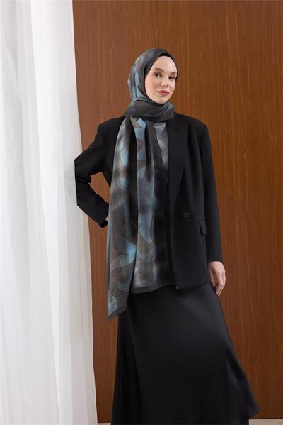 Viskon Mayda Şal Mavi-Antrasit Dalga Desenli Yumuşak Dokulu 190x70