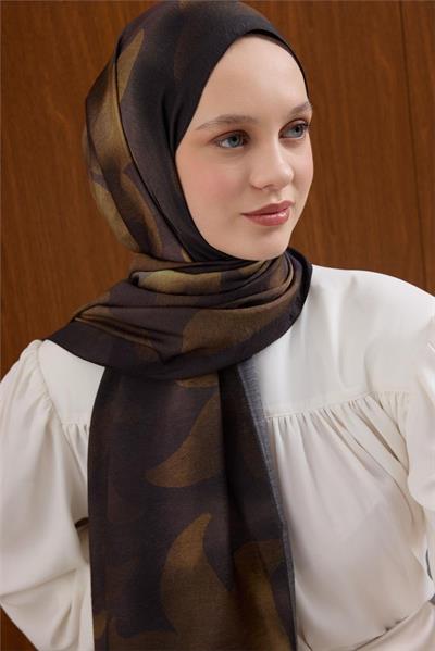 Viskon Mayda Şal Soluk Siyah-Yağ Yeşili Dalga Desenli Tok Duruşlu 190x70