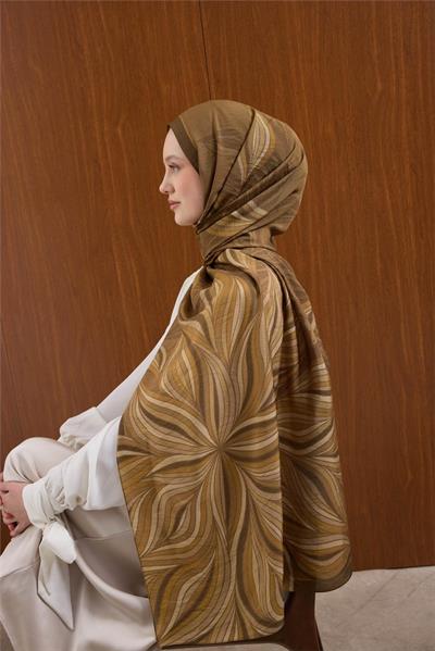 Viskon Karışımlı Mayda Şal Haki Zemin Çok Renkli Desenli Tok Duruşlu 190x70