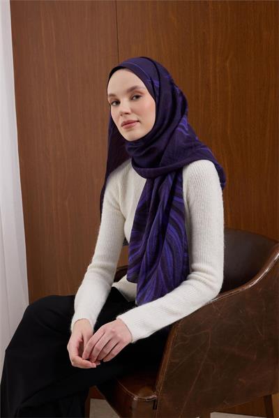 Viskon Karışımlı Mayda Şal Mor Zemin Eflatun Tonlu Desenli Tok Duruşlu 190x70