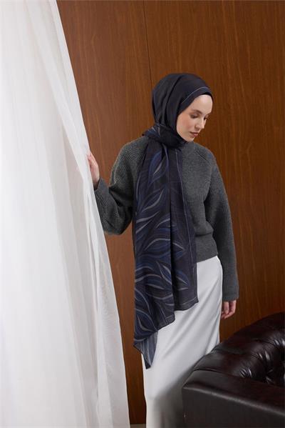 Viskon Mayda Şal Morcivert-Lacivert Dalga Desenli Tok Duruşlu 190x70