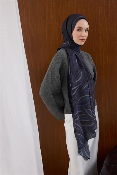 Viskon Mayda Şal Morcivert-Lacivert Dalga Desenli Tok Duruşlu 190x70