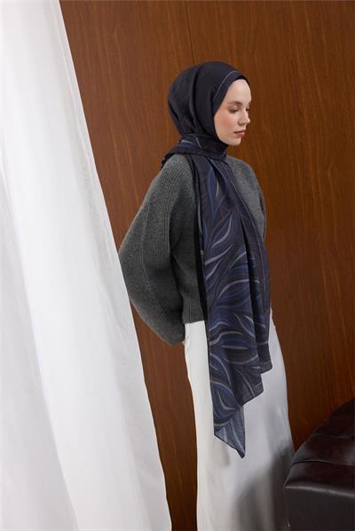 Viskon Mayda Şal Morcivert-Lacivert Dalga Desenli Tok Duruşlu 190x70
