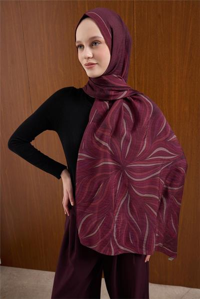 Viskon Karışımlı Mayda Şal Mürdüm Zemin Çok Renkli Desenli Tok Duruşlu 190x70