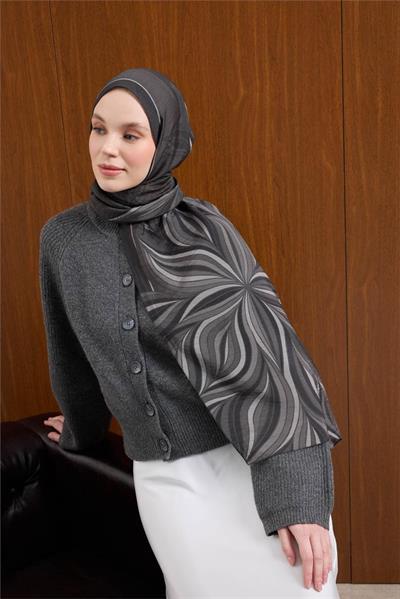 Viskon Mayda Şal Siyah-Füme Dalga Desenli Tok Duruşlu 190x70