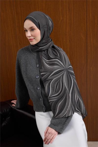 Viskon Mayda Şal Siyah-Füme Dalga Desenli Tok Duruşlu 190x70
