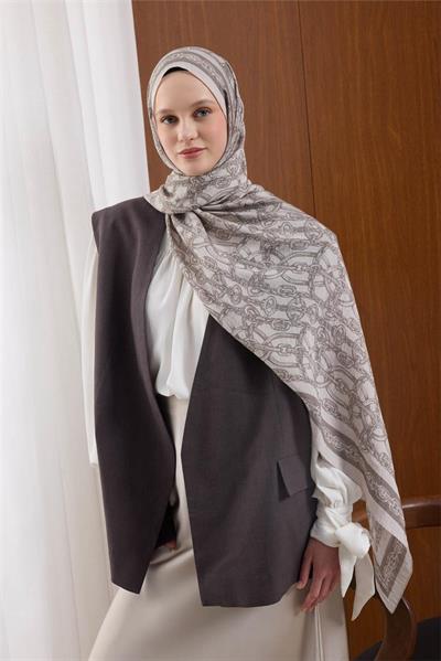 Viskon Mayda Şal Krem Zincir Desenli Tok Duruşlu 190x70