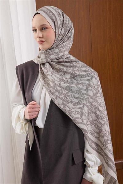 Viskon Mayda Şal Krem Zincir Desenli Tok Duruşlu 190x70