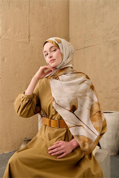 Polyester Velina Şal Kehribar-Gümüş-Gri Desenli Parlak Dokulu Hafif 190x70