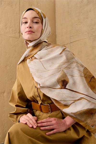 Polyester Velina Şal Kehribar-Gümüş-Gri Desenli Parlak Dokulu Hafif 190x70