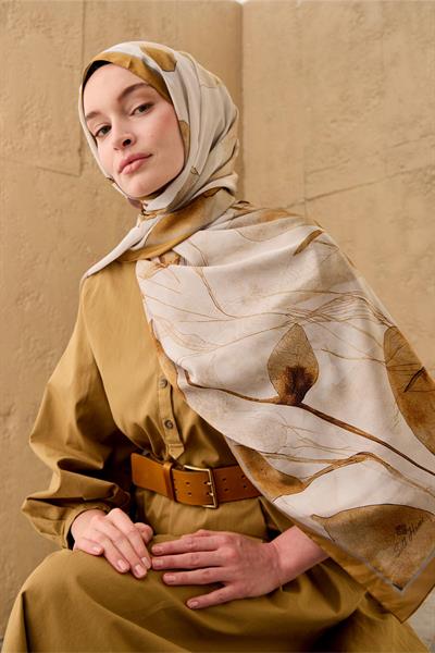 Polyester Velina Şal Kehribar-Gümüş-Gri Desenli Parlak Dokulu Hafif 190x70