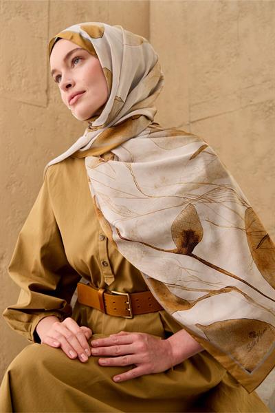 Polyester Velina Şal Kehribar-Gümüş-Gri Desenli Parlak Dokulu Hafif 190x70