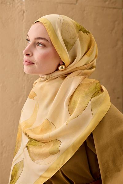 Polyester Velina Şal Sarı Butter Yellow Yeşil Koyu Yeşil Turuncu Desenli İpeksi Dokulu Hafif Yapılı 70x190