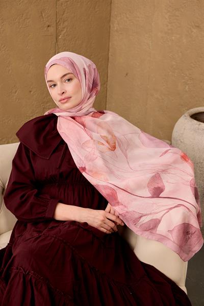 Polyester Velina Şal Rose-Pudra Pembe Somon Turuncu Narçiçeği Desenli İpeksi Dokulu Hafif Yapılı 70x190