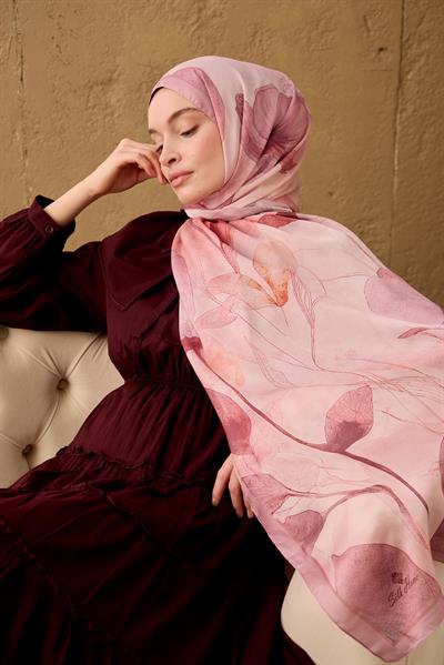 Polyester Velina Şal Rose-Pudra Pembe Somon Turuncu Narçiçeği Desenli İpeksi Dokulu Hafif Yapılı 70x190