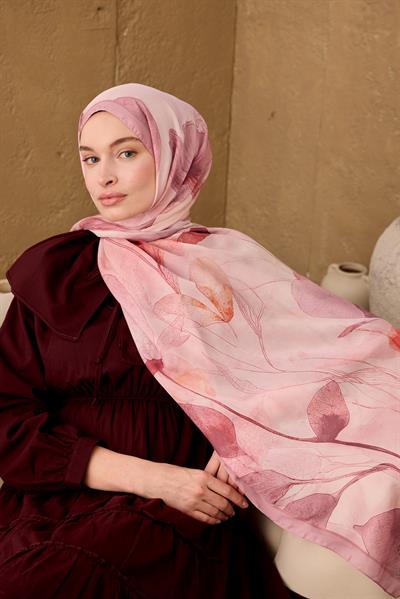 Polyester Velina Şal Rose-Pudra Pembe Somon Turuncu Narçiçeği Desenli İpeksi Dokulu Hafif Yapılı 70x190