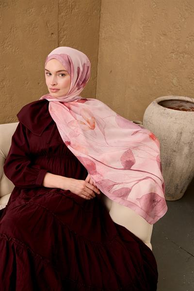 Polyester Velina Şal Rose-Pudra Pembe Somon Turuncu Narçiçeği Desenli İpeksi Dokulu Hafif Yapılı 70x190
