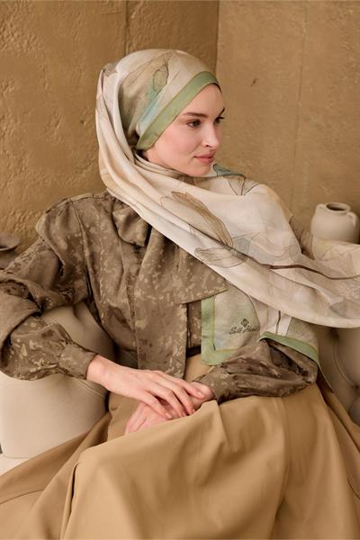Polyester Velina Şal Pastel Yeşil Haki Kahve Turuncu Mavi Desenli İpeksi Dokulu Hafif Yapılı 70x190