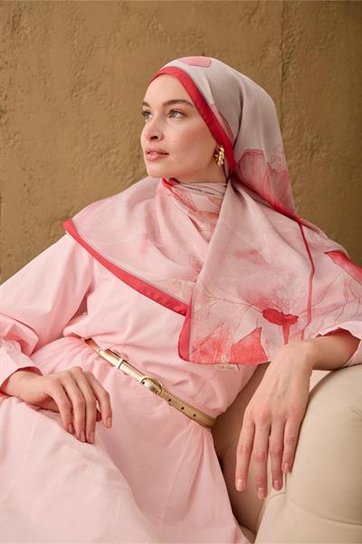 Polyester Velina Şal Fuşya-Toz Pembe Gri Pudra Desenli İpeksi Dokulu Hafif Yapılı 70x190