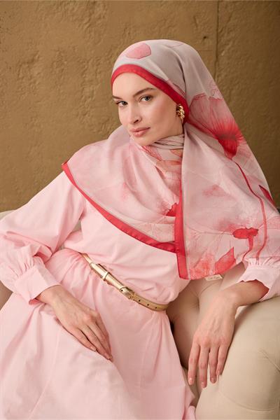 Polyester Velina Şal Fuşya-Toz Pembe Gri Pudra Desenli İpeksi Dokulu Hafif Yapılı 70x190