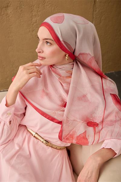 Polyester Velina Şal Fuşya-Toz Pembe Gri Pudra Desenli İpeksi Dokulu Hafif Yapılı 70x190