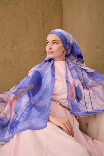 Polyester Velina Şal Mavi-Lila Lila Yeşil Pembe Desenli İpeksi Dokulu Hafif Yapılı 70x190