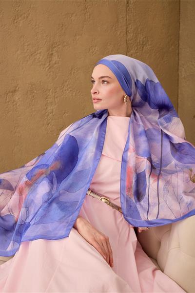 Polyester Velina Şal Mavi-Lila Lila Yeşil Pembe Desenli İpeksi Dokulu Hafif Yapılı 70x190