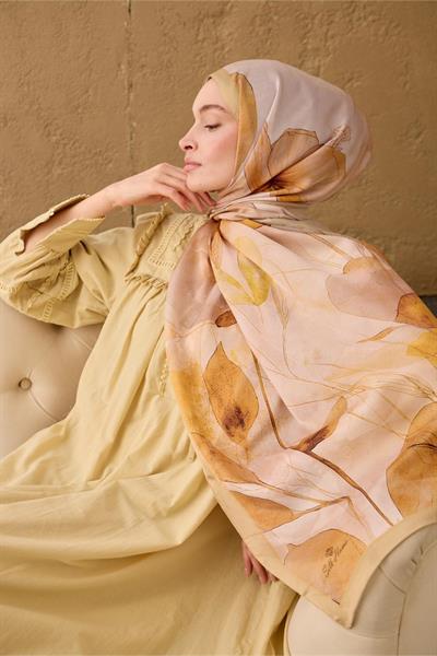 Polyester Velina Şal Bej-Taba Pudra Pembe Yeşil Sarı Desenli İpeksi Dokulu Hafif Yapılı 70x190