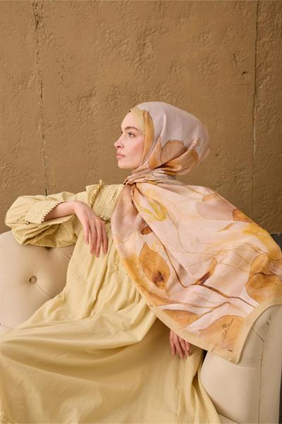 Polyester Velina Şal Bej-Taba Pudra Pembe Yeşil Sarı Desenli İpeksi Dokulu Hafif Yapılı 70x190