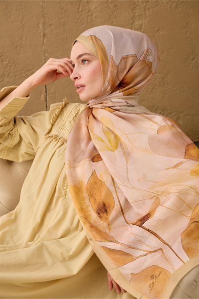 Polyester Velina Şal Bej-Taba Pudra Pembe Yeşil Sarı Desenli İpeksi Dokulu Hafif Yapılı 70x190