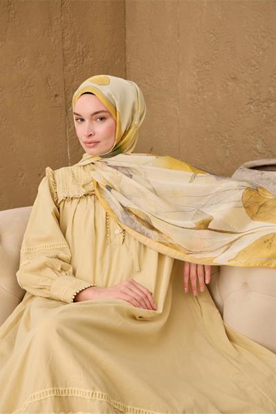 Polyester Velina Şal Sarı-Krem Gri Mor Yeşil Desenli İpeksi Dokulu Hafif Yapılı 70x190