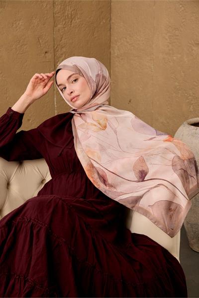 Polyester Velina Şal Pudra-Vizon Turuncu Mor Desenli İpeksi Dokulu Hafif Yapılı 70x190