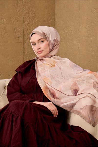 Polyester Velina Şal Pudra-Vizon Turuncu Mor Desenli İpeksi Dokulu Hafif Yapılı 70x190