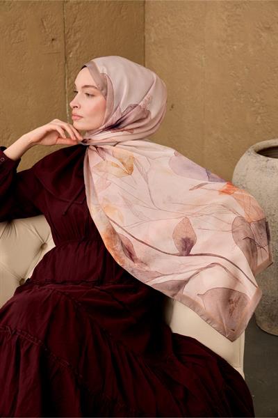 Polyester Velina Şal Pudra-Vizon Turuncu Mor Desenli İpeksi Dokulu Hafif Yapılı 70x190