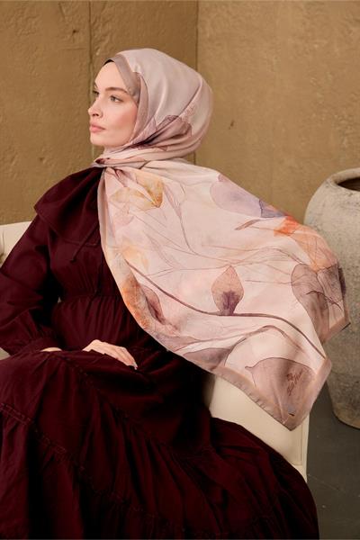 Polyester Velina Şal Pudra-Vizon Turuncu Mor Desenli İpeksi Dokulu Hafif Yapılı 70x190