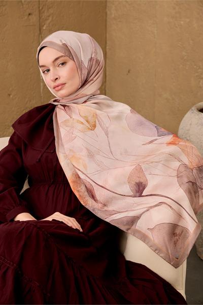Polyester Velina Şal Pudra-Vizon Turuncu Mor Desenli İpeksi Dokulu Hafif Yapılı 70x190