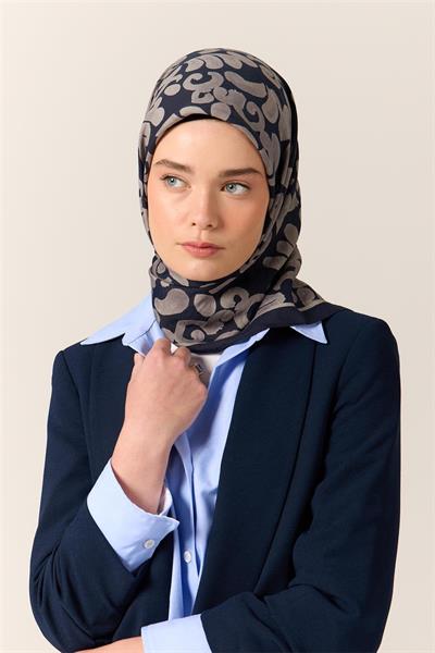 Viskon Karışımlı Velora Eşarp Lacivert-Gümüş Desenli Yumuşak Dokulu Tok Duruşlu 90x90