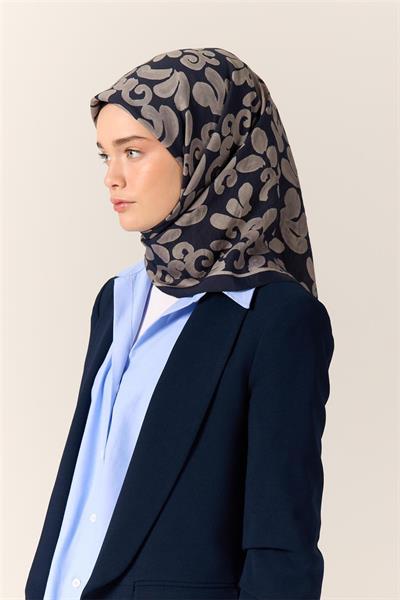 Viskon Karışımlı Velora Eşarp Lacivert-Gümüş Desenli Yumuşak Dokulu Tok Duruşlu 90x90