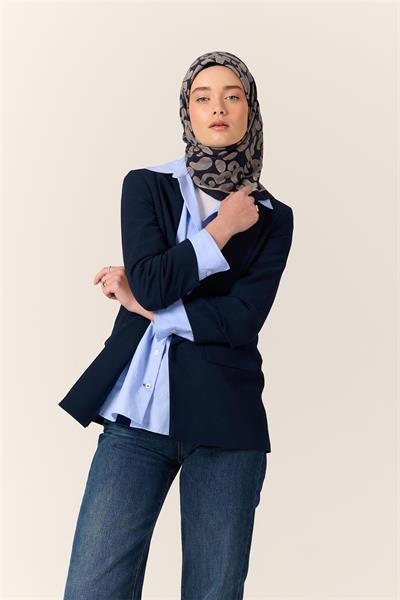 Viskon Karışımlı Velora Eşarp Lacivert-Gümüş Desenli Yumuşak Dokulu Tok Duruşlu 90x90