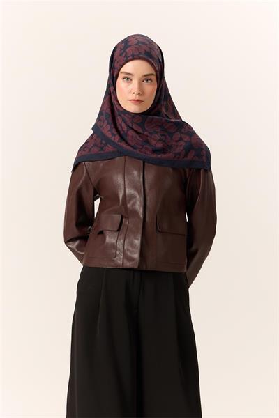 Viskon Karışımlı Velora Eşarp Koyu Lacivert-Bordo Desenli Yumuşak Dokulu Tok Duruşlu 90x90