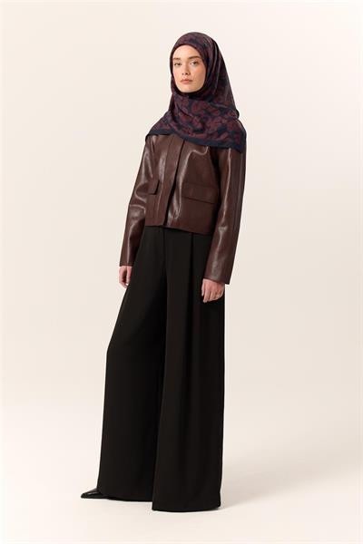 Viskon Karışımlı Velora Eşarp Koyu Lacivert-Bordo Desenli Yumuşak Dokulu Tok Duruşlu 90x90