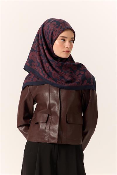 Viskon Karışımlı Velora Eşarp Koyu Lacivert-Bordo Desenli Yumuşak Dokulu Tok Duruşlu 90x90