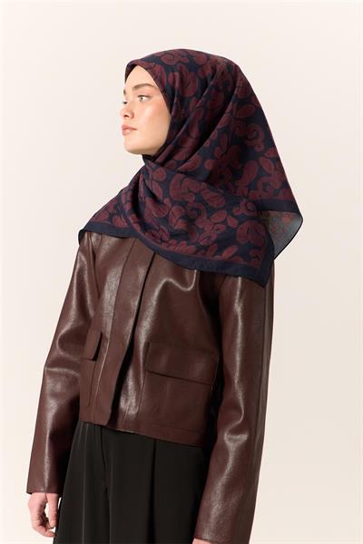 Viskon Karışımlı Velora Eşarp Koyu Lacivert-Bordo Desenli Yumuşak Dokulu Tok Duruşlu 90x90