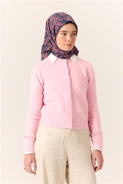 Viskon Karışımlı Velora Eşarp Gece Mavisi-Gül Kurusu Desenli Yumuşak Dokulu Tok Duruşlu 90x90