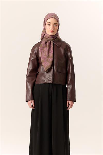 Viskon Karışımlı Velora Eşarp Olive-Eflatun Desenli Yumuşak Dokulu Tok Duruşlu 90x90