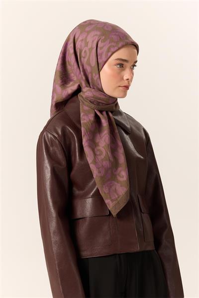 Viskon Karışımlı Velora Eşarp Olive-Eflatun Desenli Yumuşak Dokulu Tok Duruşlu 90x90