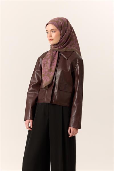 Viskon Karışımlı Velora Eşarp Olive-Eflatun Desenli Yumuşak Dokulu Tok Duruşlu 90x90