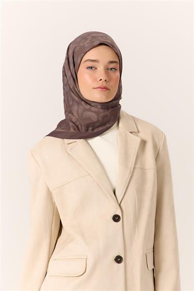 Viskon Karışımlı Velora Eşarp Koyu Vizon-Vizon-Duman Desenli Yumuşak Dokulu Tok Duruşlu 90x90